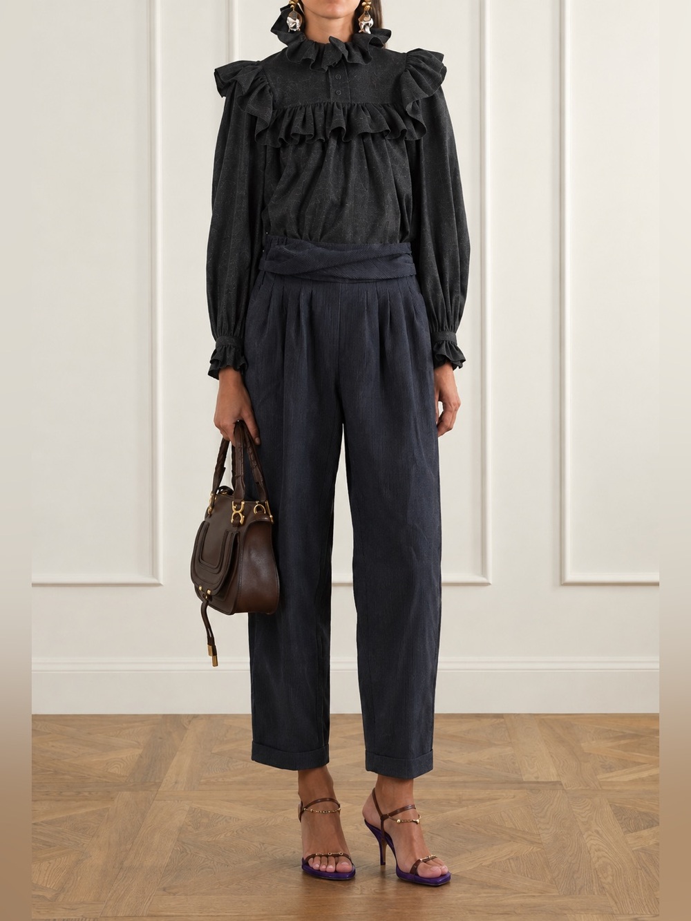See by Chloe wool navy charcoal pinstripe pants 6 cropped elastic cos sezane